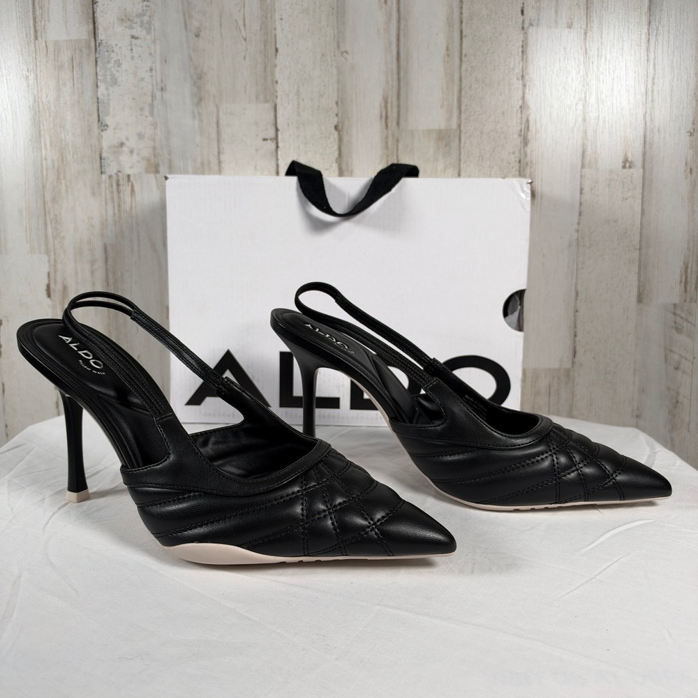 Aldo Pump 11 Black Striker Quilted Slingback Stiletto Pointed Toe 4" Pillow Walk